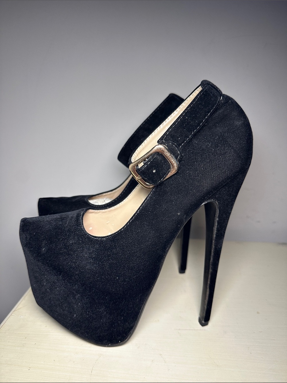 Delicacy velour Black Mary Jane Platform dancer ankle strap High Heels